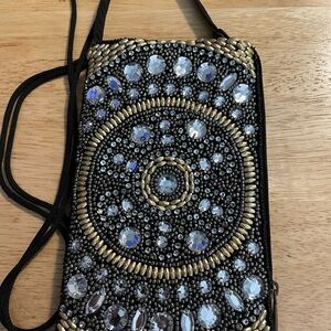 NWOT, Black, Gold Beaded with Rhinestones “Club Bag” for phone, keys, cards